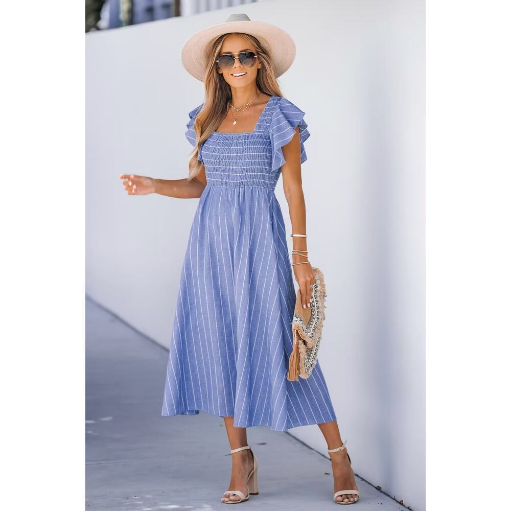 Cupshe Blue Pinstriped Smocked Maxi Beach Dress Ruffle Cap Sleeve Size Large NEW